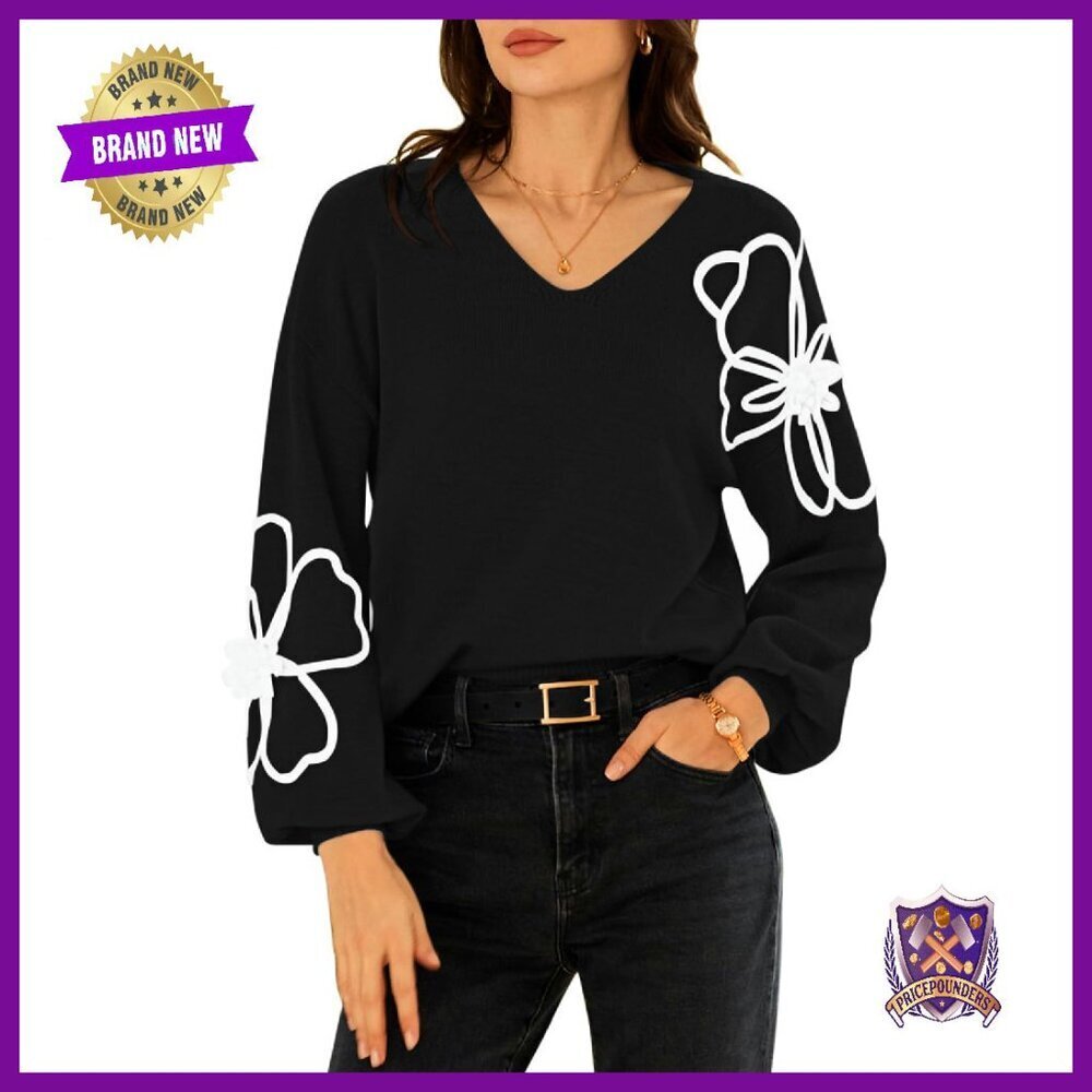 Oversized V-Neck Floral Knit Pullover Sweater Long Sleeve Tunic